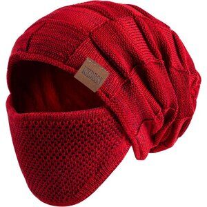 Men & Women D6 Red Winter Warm Knit Slouchy Skull Cap with Face Cover
